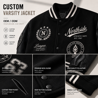 Veste de baseball en laine noire avec logo personnalisé pour homme, manches en cuir, veste de style universitaire, broderie de patch en chenille, fabrication OEM