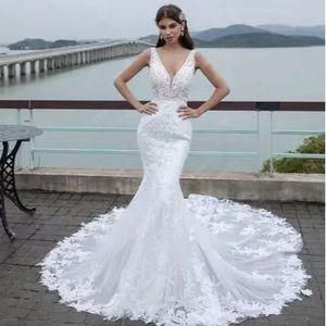 <b>White</b> Mermaid <b>Lace</b> Wedding Dress V Neck Backless Long Train Sleeveless Formal Gown For Women - Product Image 1