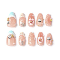 Fournitures pour ongles : Faux ongles à presser forme Stiletto, base rose nude brillante, motif coquillage peint à la main, breloque métallique Hibiscus 3D