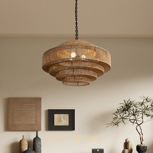 Lustre suspendu rond en rotin E27 LED à tête unique pour salon, restaurant, maison d'hôtes, salle de thé Zen - Product Image 5