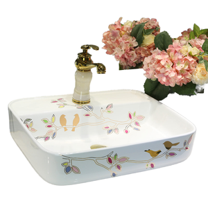 Cina moderna arte ceramica <span class=keywords><strong>lavabo</strong></span> con disegno uccello oro ovale rettangolare lavandino per il bagno per uso appartamento - Product Image 1
