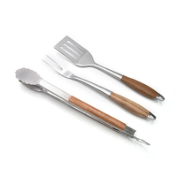Ensemble de 3 ustensiles de cuisine : pinces à aliments, fourchette et spatule ajourée, pour barbecue extérieur et camping, avec manche en bois