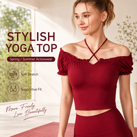 Haut court sexy pour femme, rouge bordeaux, à épaules dénudées, manches bouffantes croisées, côtelé, coupe ajustée, pour soirée, club, mode estivale décontractée