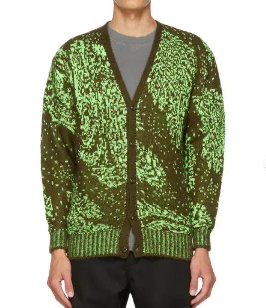 FYB Bright Cool Fancy Quality Jacquard Male Khaki Green Print Knit Men Cardigan Sweater