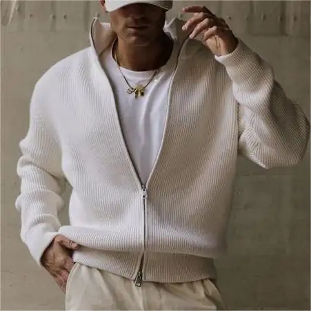 2024 Supplier Custom Men's Full Zip Up Sweater Jacket Men Oversized Cotton Ribbed Knitted Cardigan Sweater With Zipper