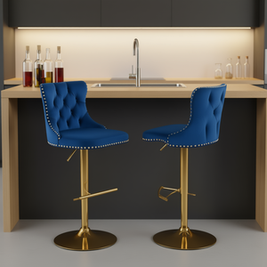 Ensemble de tabourets de bar bleus capitonnés en velours, hauteur réglable de 25 à 33 pouces, pivotants dorés, mobilier de bar moderne - Product Image 2