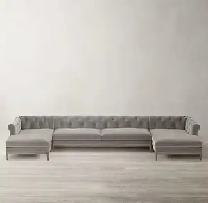 Europeo nuovo design italia tessuto grigio chesterfield divano divano secional in rovere a forma di U divano letto ad angolo