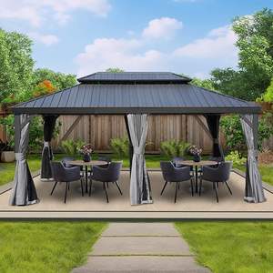 Gazebo permanent à double toit rigide en aluminium avec moustiquaire et parois latérales de confidentialité Cadre en métal Couleur grise - Product Image 4