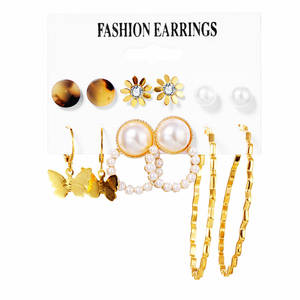 6对几何珍珠花星蝴蝶仿珍珠组合耳环套装时尚批发女款耳环 - Product Image 3