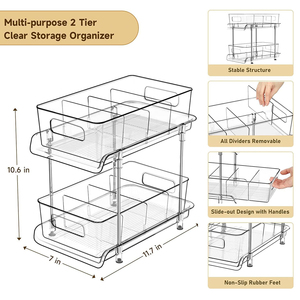 Organisateur de comptoir coulissant à <span class=keywords><strong>2</strong></span> niveaux en plastique transparent CF pour sous-évier, cuisine, garde-manger, armoire à pharmacie, rangement de salle de bain avec séparateurs - Product Image 2