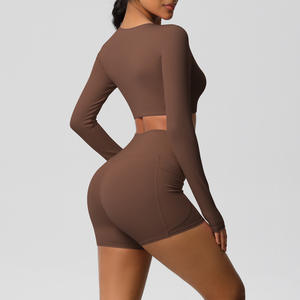 Combinaison de yoga double face en nylon pour femmes européennes et américaines, combinaison de course deux pièces transfrontalière, couleur unie poncée - Product Image 6