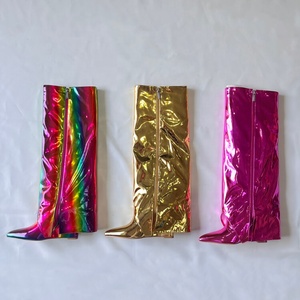 Bright Patent Overlay Knee High <b>Boots</b> Women Metallic Wedge Heels Shoes Folded Over Upper Pointed Toe Gold Booties - Product Image 5