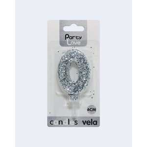 Vela de Cumpleaños con Número 0 Plateada con Purpurina, 6 cm, Party Love - Product Image 1