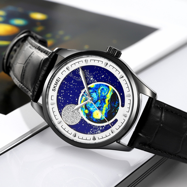 SKMEI 2115 Special Star Moon Glass Quartz Watch High Quality Leather Wristwatch Texture Lunar Phase Man Watches