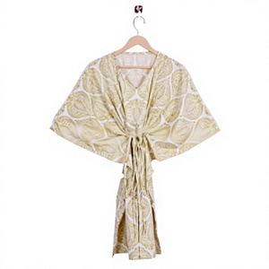Vestido Kaftán Midi de Algodón 100% con Cuello en V y Manga Corta, Estampado Floral Bohemio con Volantes, Ecológico, Lavable, con Bolsillos, Natural - Product Image 1