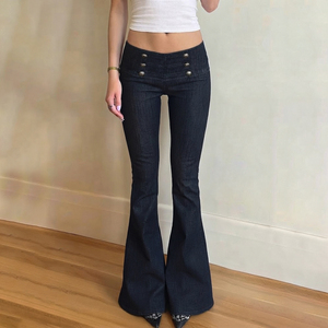 Y2K <b>vintage</b> low waist Napoleon button raw denim slim flared pants elegant fashion classic versatile long pants - Product Image 1