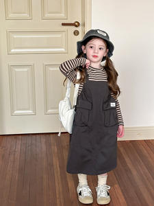 أزياء كورية غير رسمية خريفية مخطط تي شيرت + فستان كارجو 2 طقم ملابس فتيات أطفال - Product Image 6