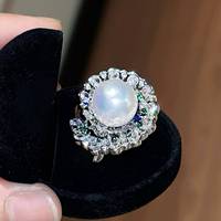 Bague de luxe plaquée platine avec émeraude, saphir et perle dégradée, perle d'eau douce blanche Edison véritable de 10 mm, réglable pour femme