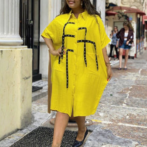 Robe midi décontractée pour femme, unie, taille naturelle, épaules tombantes, demi-manches, col rabattu, respirante, 100 % polyester, coupe ample, printemps - Product Image 3