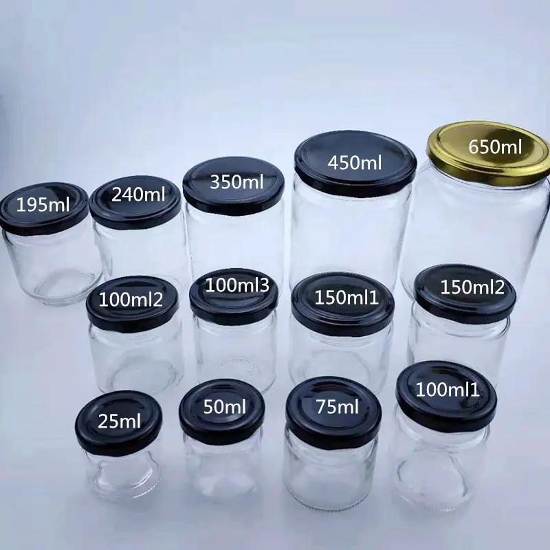 25ml 50ml 75ml 100ml 150ml 195ml 240ml 350ml 450ml 730ml de qualité alimentaire bocaux en verre avec couvercle à vis