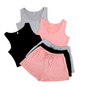 Women's 2-Piece Breathable Knitted Lounge Set Sleeveless Tank Top Drawstring Shorts Elastic Waist Solid Color Spring Front - Product Image 1