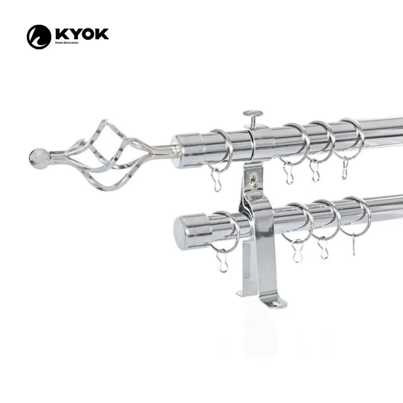 Kyok कुंडा लाइनों गढ़ा आधुनिक पर्दा finials डबल कोष्ठक लोहे पर्दा रॉड सेट