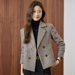 Houndstooth Wool Blazer Women Grey Suit Double Breasted Pocket Design Casual Office Wear - Product Image 1