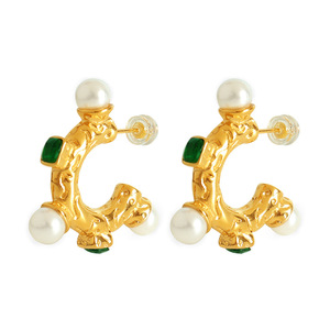 Geometric Huggie <b>Earrings</b> Gold With <b>Green</b> Stones And Pearls For Party Wear - Product Image 5
