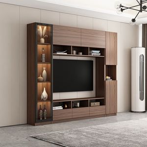 Mueble de TV Moderno Minimalista de Madera de Nogal con Puertas de Vidrio, Centro de Entretenimiento Integrado, Estantes Abiertos, para Sala de Estar, Hotel, Escuela - Product Image 1