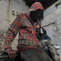 YSJY Vente en gros Veste à fermeture éclair personnalisée en coton épais, effet délavé, tricot gaufré, à carreaux, en flanelle, avec capuche pour homme