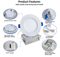 Plafonnier LED encastré ultra-mince de 4 pouces, 5 températures de couleur sélectionnables, 10W, sans boîtier, homologué ETL IC pour emplacements humides