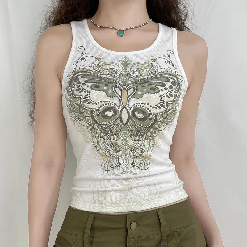 Youth Creative Personality Butterfly Print Vest Women's Casual Sports All-match Knitted Sleeveless Top Muscle Tinkler Tank Top