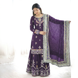 Ensemble Salwar Kameez brodé violet, tenue traditionnelle indienne et pakistanaise avec dupatta pour mariage et fête - Product Image 1