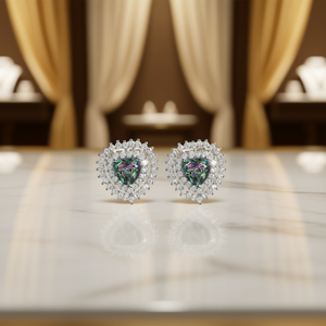 E1512 Orecchini a perno a forma di cuore in oro bianco con cristalli di quarzo arcobaleno incastonati a griffe, gioielli di lusso da donna per feste - Product Image 2