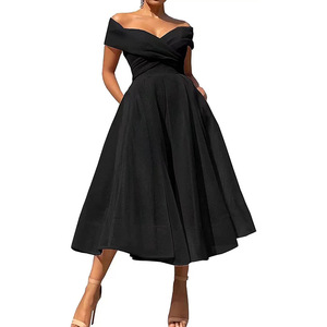 Off Shoulder Midi Evening Dress Black A Line Pleated Satin Elegant Women's Dress - Product Image 1