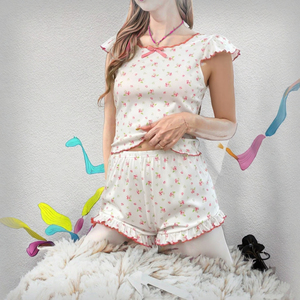 Conjunto de Pijama de Verano Transpirable con Estampado Floral y Dobladillo de Hongo, Top y Shorts, para Mujer, Estilo Casual y Lindo - Product Image 3