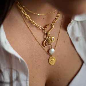 Pendentif DIY en acier inoxydable plaqué or 18 carats avec yeux croisés lune étoile perle <span class=keywords><strong>soleil</strong></span> coeur colliers vintage charmant pour femmes bijoux - Product Image 4