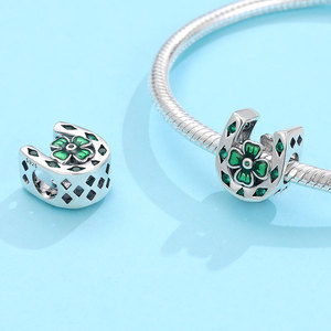 S925 Silver Geometric Cutout Horseshoe Charm All Green CZ <b>Clover</b> Bead Oxidized Boho Jewelry for Stacking <b>Bracelet</b> - Product Image 2