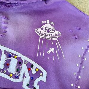 Custom Streetwear Rhinestone Pullover Hoody Jacket Print Oversized <b>French</b> Terry Heavyweight <b>Vintage</b> Acid Wash Distressed Hoodie - Product Image 3