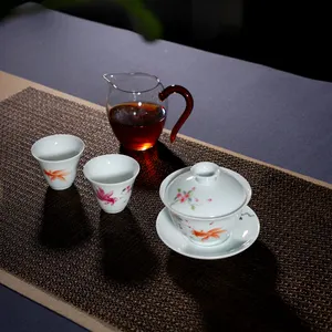 Juego de té chino Kung Fu de Jingdezhen Zhong, taza de té de porcelana, pintura a mano, colorido Pez Dorado, cubierta de cerámica, juego de cuencos y tazas