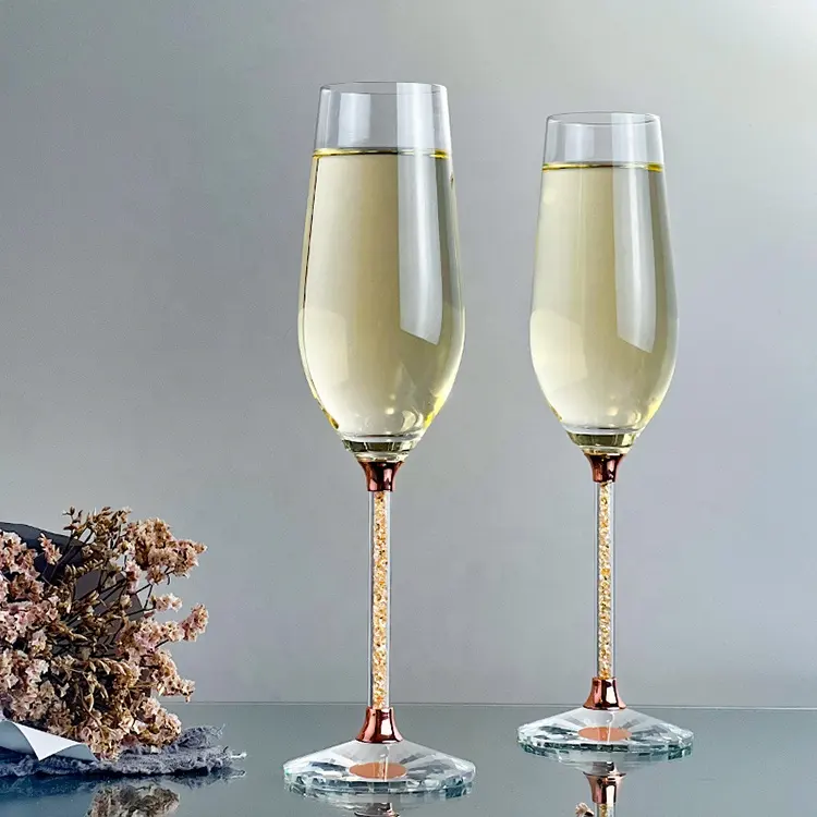 230 ml hecho a mano oro diamante tallo largo champán flautas champán boda copas Copa