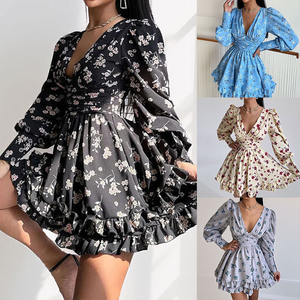 <span class=keywords><strong>Robe</strong></span> mini <span class=keywords><strong>chic</strong></span> à col en V, volants, motif floral, dos nu, manches lanternes, taille haute, pour femme, idéale pour les soirées et les rendez-vous, vente en gros, livraison rapide - Product Image 3