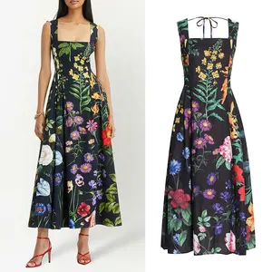 New Floral Print Halter Casual Dress Elegant End Heavy Nail Drill Backless Zipper Midi Boutique Women's Dresses