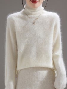 Suéter de <span class=keywords><strong>pelo</strong></span> largo de lana de Cachemira de <span class=keywords><strong>cuello</strong></span> alto personalizado para mujer, cárdigan de punto, decoración de botones, estilo coreano informal para invierno - Product Image 2