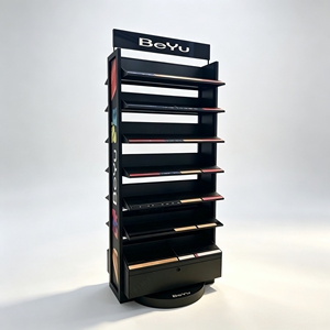 <b>Rotating</b> Double Sided Floor <b>Display</b> <b>Stand</b> Multi-Tier Cosmetic <b>Display</b> Rack With Storage Drawer For Beauty Store - Product Image 1
