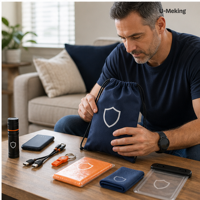 Kit cadeau personnalisé pour la préparation aux ouragans avec lampe de poche, batterie externe, poncho, sifflet, serviette et pochette étanche