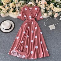 Robes midi personnalisées pour femmes, tendance automne, imprimées à pois roses, à volants, respirantes, tissées, plissées, décontractées