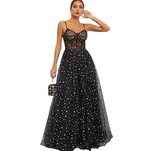 Sexy Dinner Gown Spaghetti Strap Long Prom Dresses Silver Starts Black Tulle Formal Party Dress