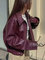 ZEVITY – veste en simili cuir rouge vin, style streetwear, pour l'automne et l'hiver, vêtement d'extérieur tendance, fermeture éclair standard, col rabattable, manteaux en PU