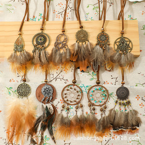 Collar de plumas atrapasueños hecho a mano, colgante de aleación de cobre estilo bohemio unisex para viajes y vacaciones, joyería - Product Image 1